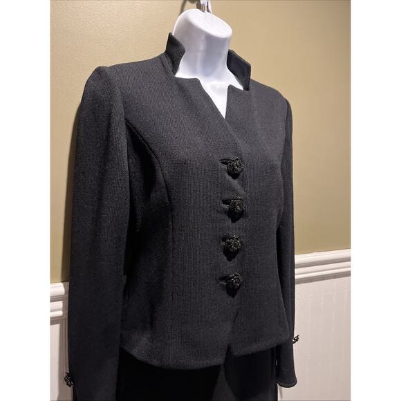 Vtg St John Evening 2pc Skirt Suit Black Santana Knit Button Front Jacket Size 2 - Picture 2 of 8